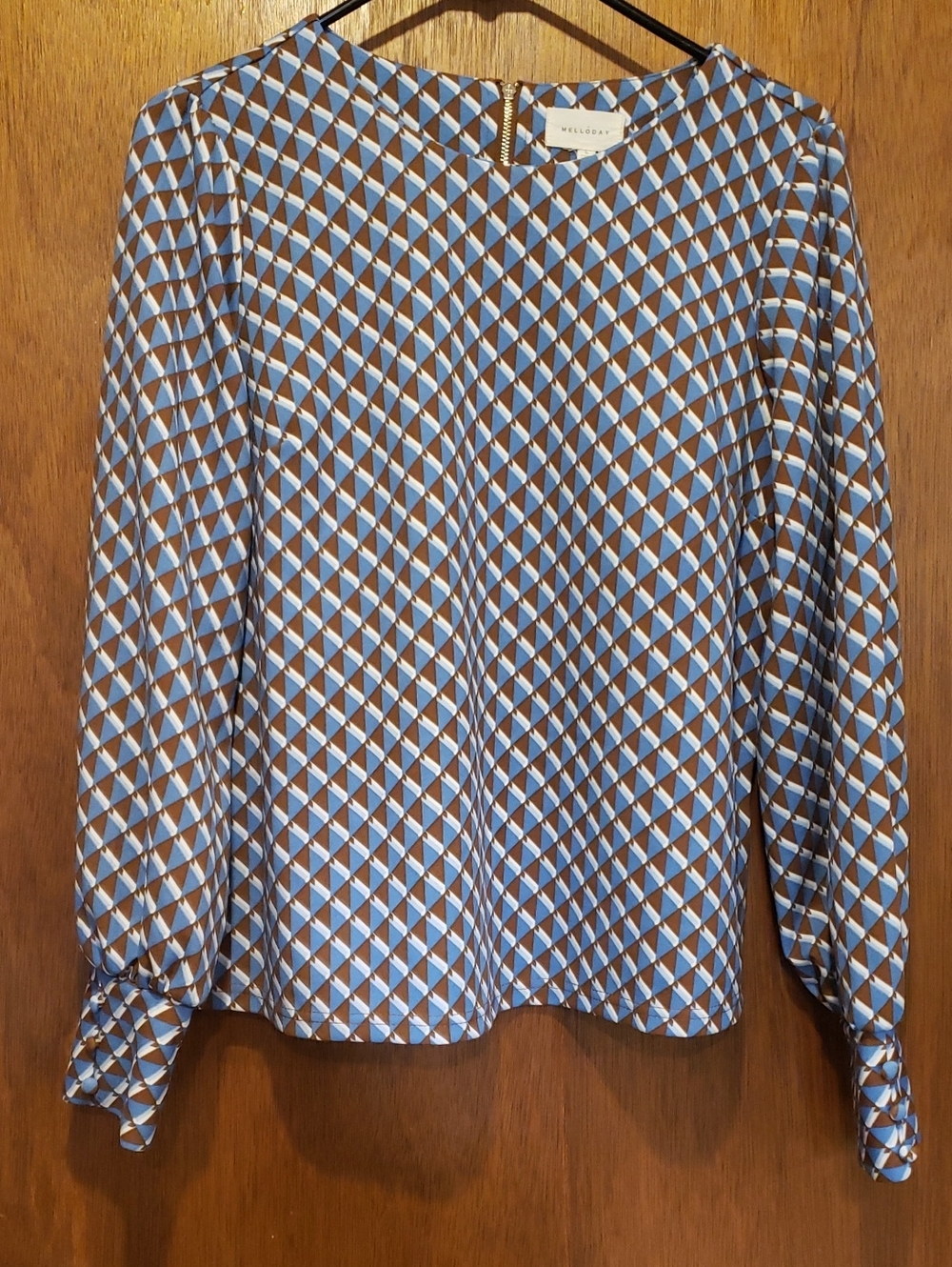 MELLODAY Blue and Brown Geometric Long-Sleeve Blouse